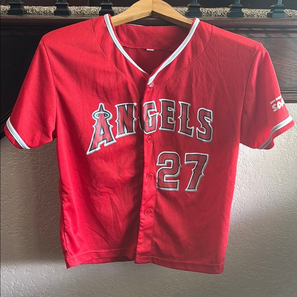 Angels Kids Youth Size XL Red Angels Baseball Button Up #27 San Diego Zoo Jersey - Picture 1 of 6